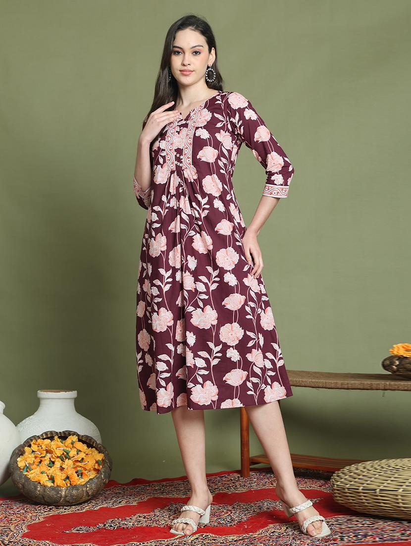 women three quarter sleeve a-line ethnic dress - 21737542 - Standard Image - 2
