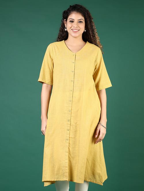 women yellow solid short sleeve a-line kurta - 21737834 - Standard Image - 0