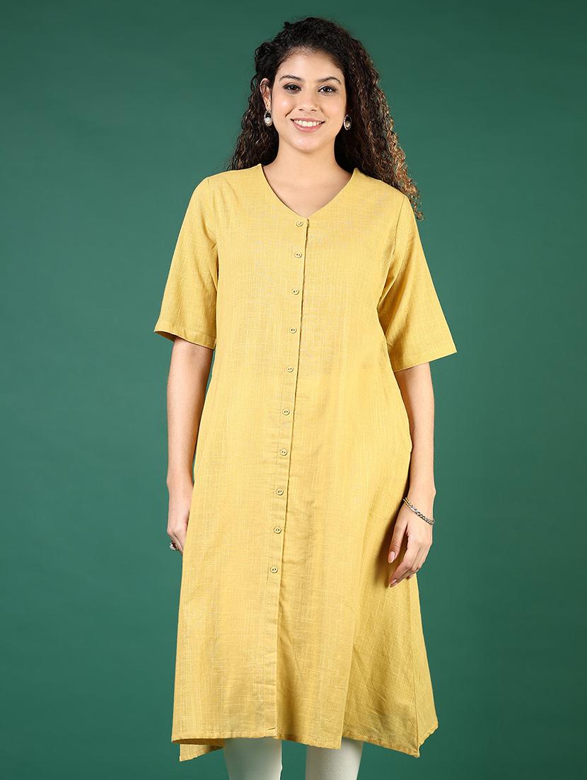 women yellow solid short sleeve a-line kurta - 21737834 - Zoom Image - 0