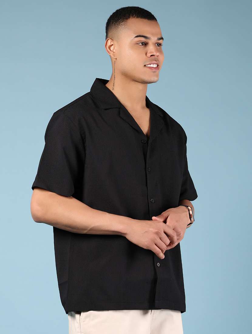 men black solid short sleeve loose fit casual shirt - 21737849 -  Standard Image - 2