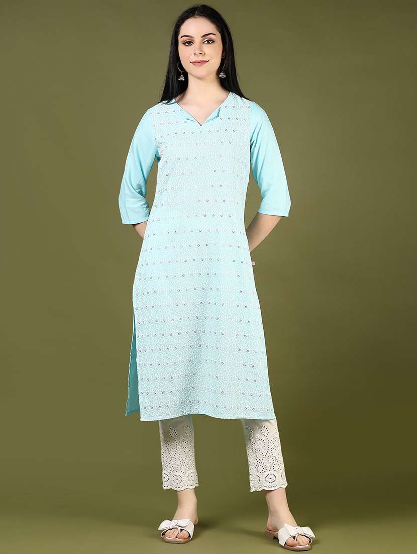 women embroidered three quarter sleeve straight kurta