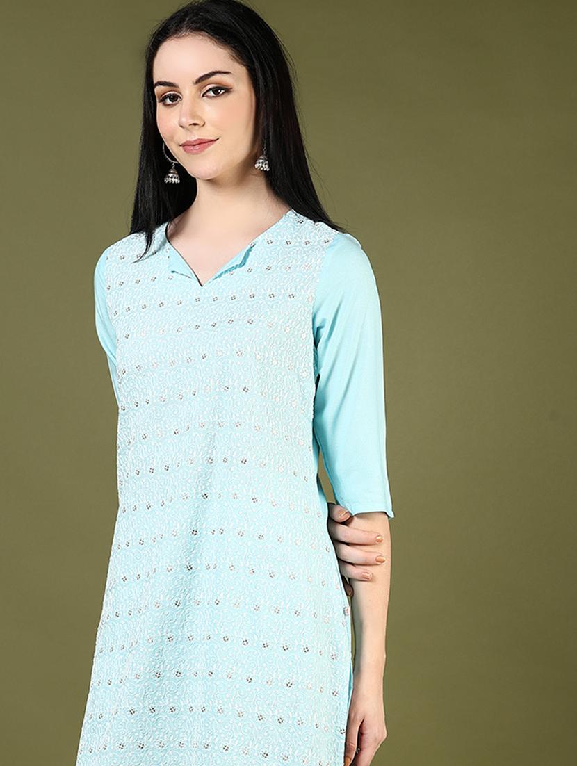 women embroidered three quarter sleeve straight kurta - 21737850 - Standard Image - 2