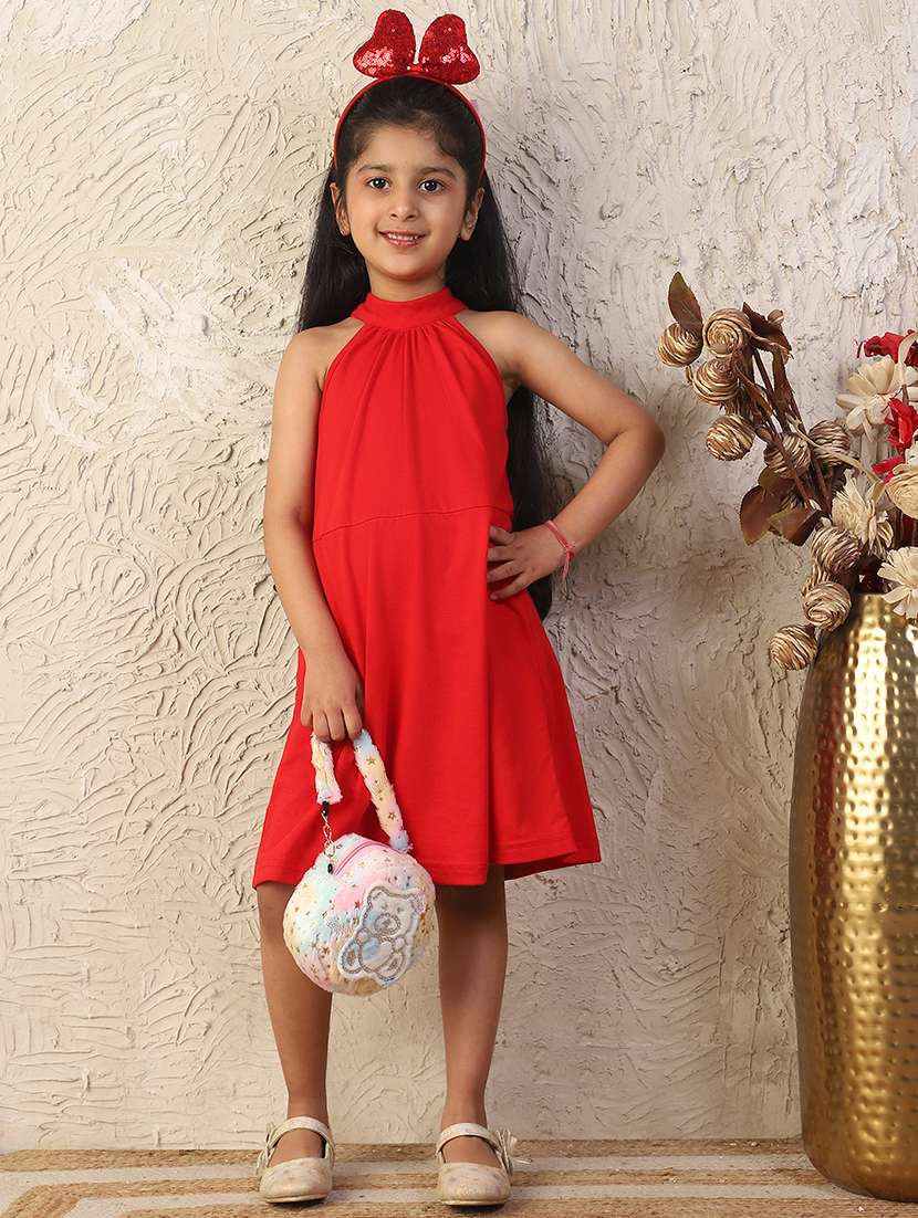 girls solid halter neck sleevless a-line dress
