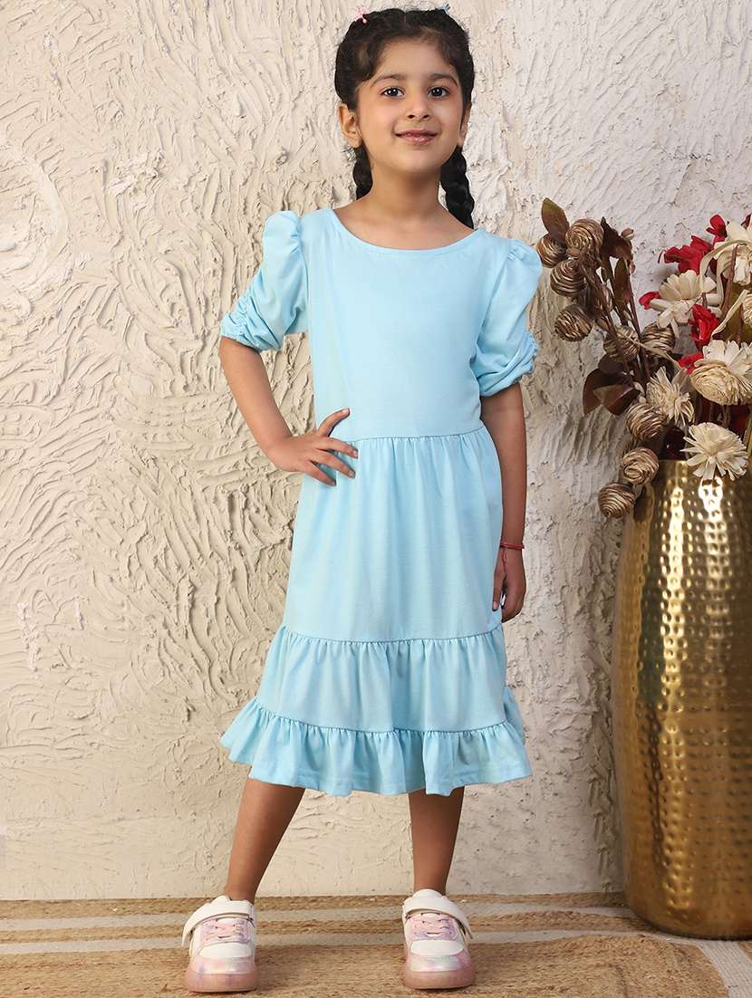 girls solid puff sleeves tiered dress