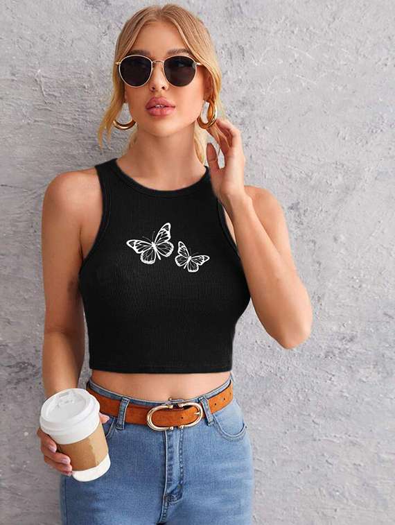 women printed sleeveless crop top 