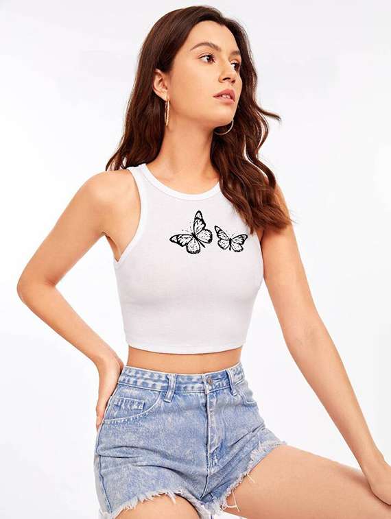 women printed sleeveless crop top - 21738208 - Standard Image - 2