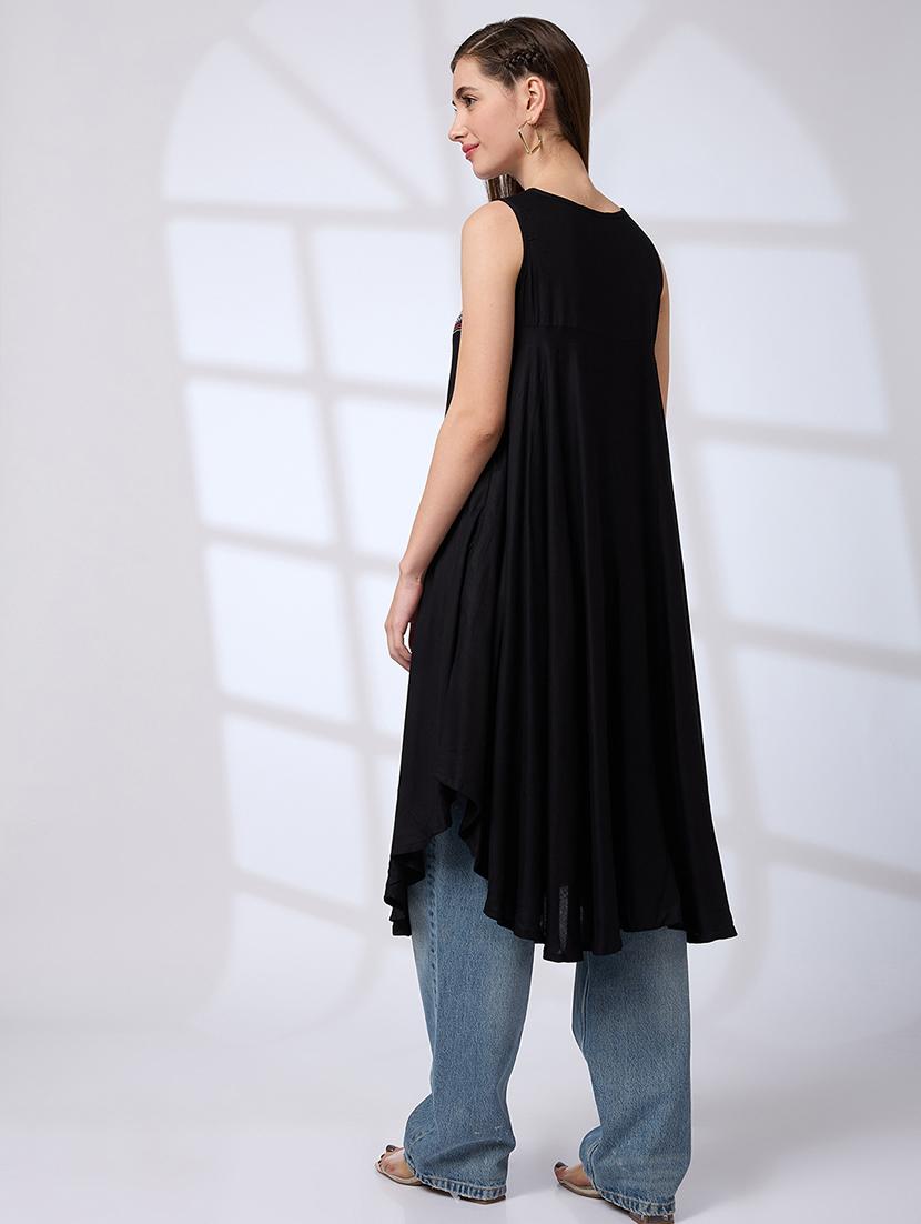 globus women black embroidered yoke asymmetric hem a-line fusion kurta - 21738555 - Standard Image - 2