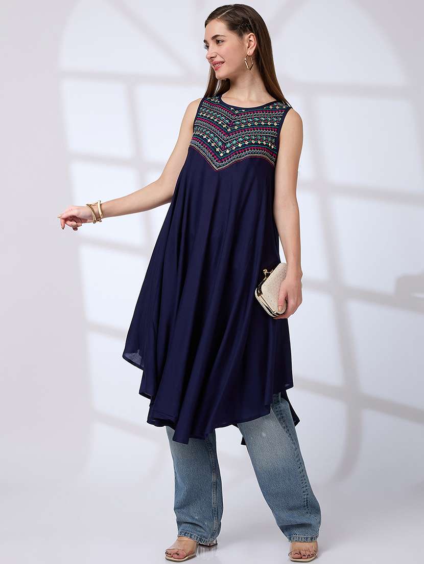 globus women blue embroidered yoke asymmetric hem a-line fusion kurta
