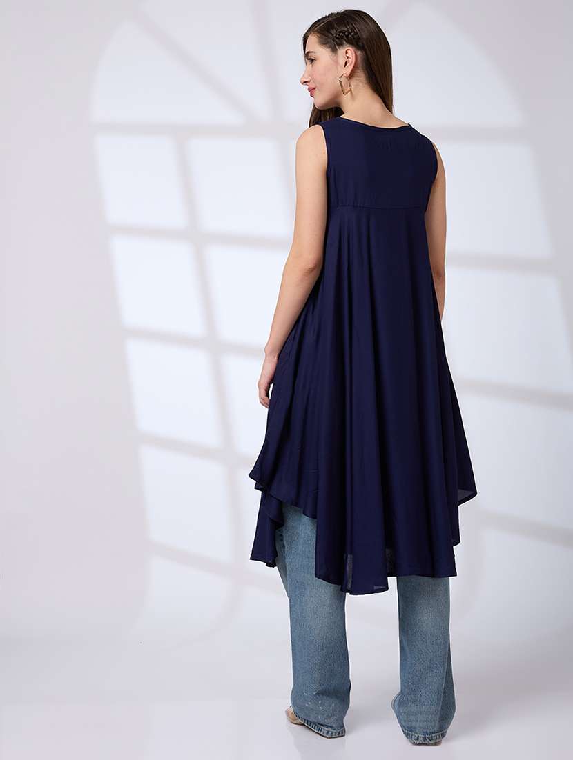 globus women blue embroidered yoke asymmetric hem a-line fusion kurta - 21738556 -  Standard Image - 2