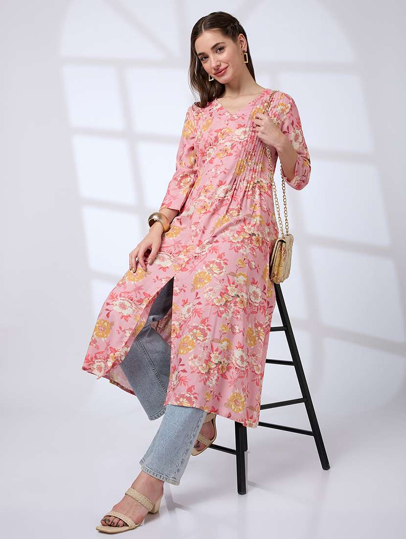 globus women pink v-neck floral print pleated front slit a-line workwear kurta - 21738557 -  Standard Image - 2
