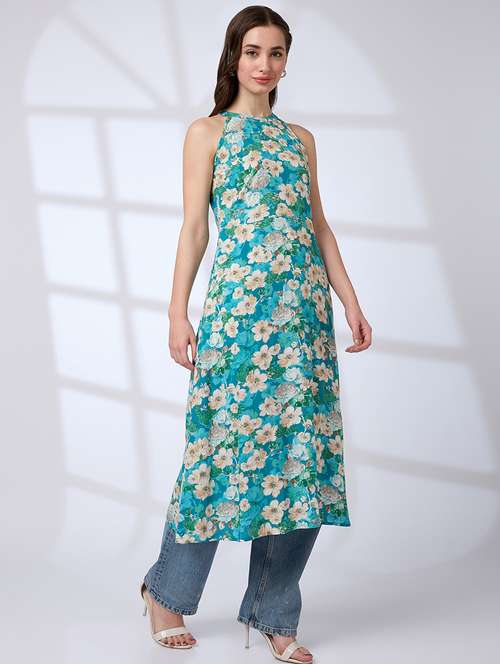 globus women green halter neck floral print a-line workwear kurta - 21738559 -  Standard Image - 0