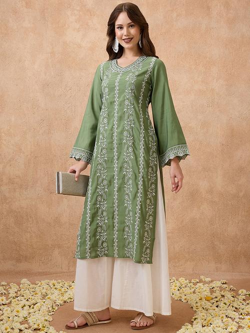 globus women green floral embroidered v-neck scalloped bell sleeves straight festive kurta - 21738561 - Standard Image - 0