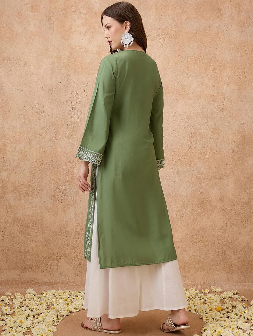 globus women green floral embroidered v-neck scalloped bell sleeves straight festive kurta - 21738561 - Standard Image - 2