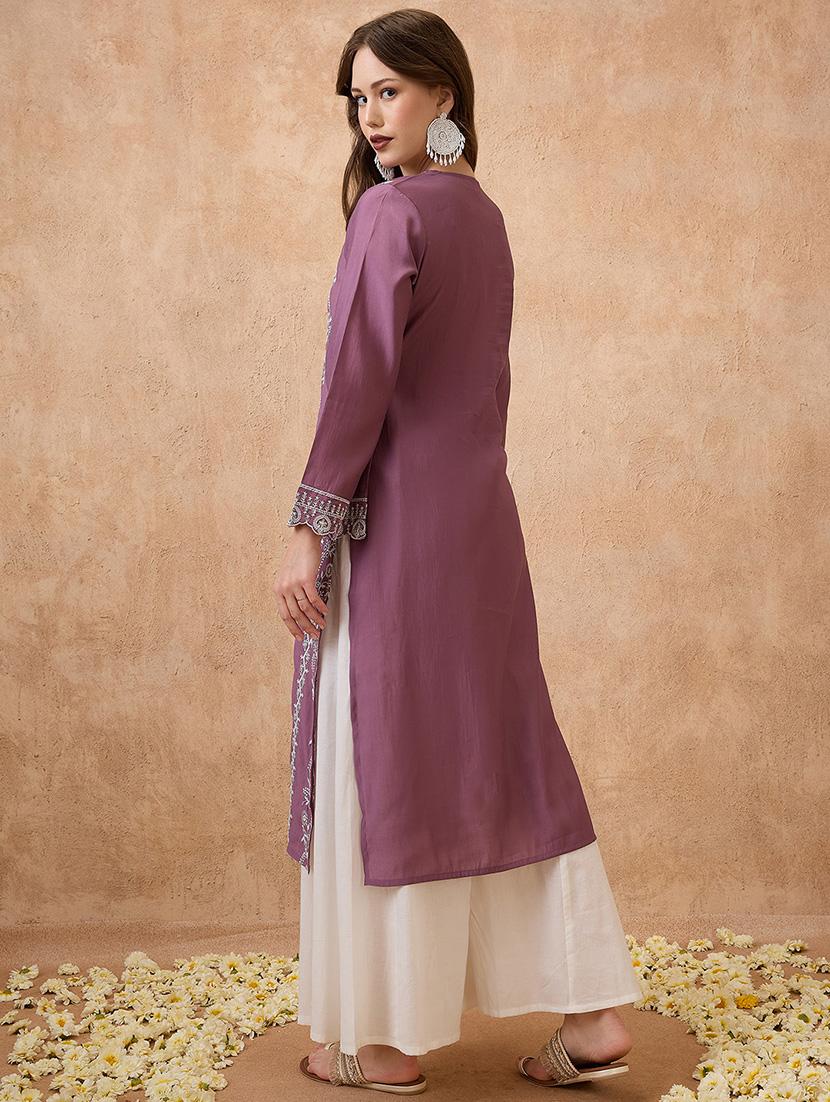globus women pink floral embroidered v-neck scalloped bell sleeves straight festive kurta - 21738562 - Standard Image - 2