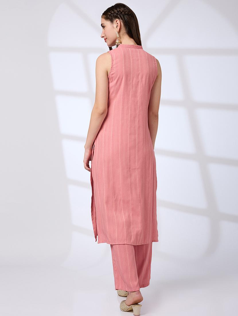 globus women pink mandarin collar woven design front slit a-line kurta with pants workwear set - 21738563 - Standard Image - 2