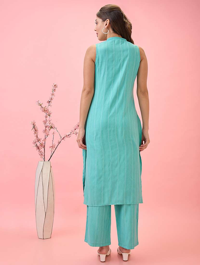 globus women blue mandarin collar woven design front slit a-line kurta with pants workwear set - 21738564 -  Standard Image - 2