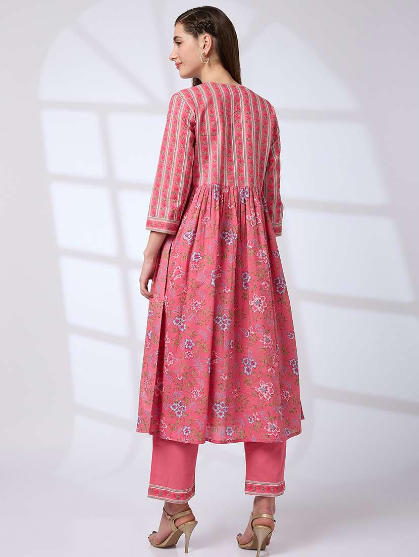 globus women pink v-neck floral print pleated alia cut a-line kurta with pants workwear set - 21738567 -  Standard Image - 2