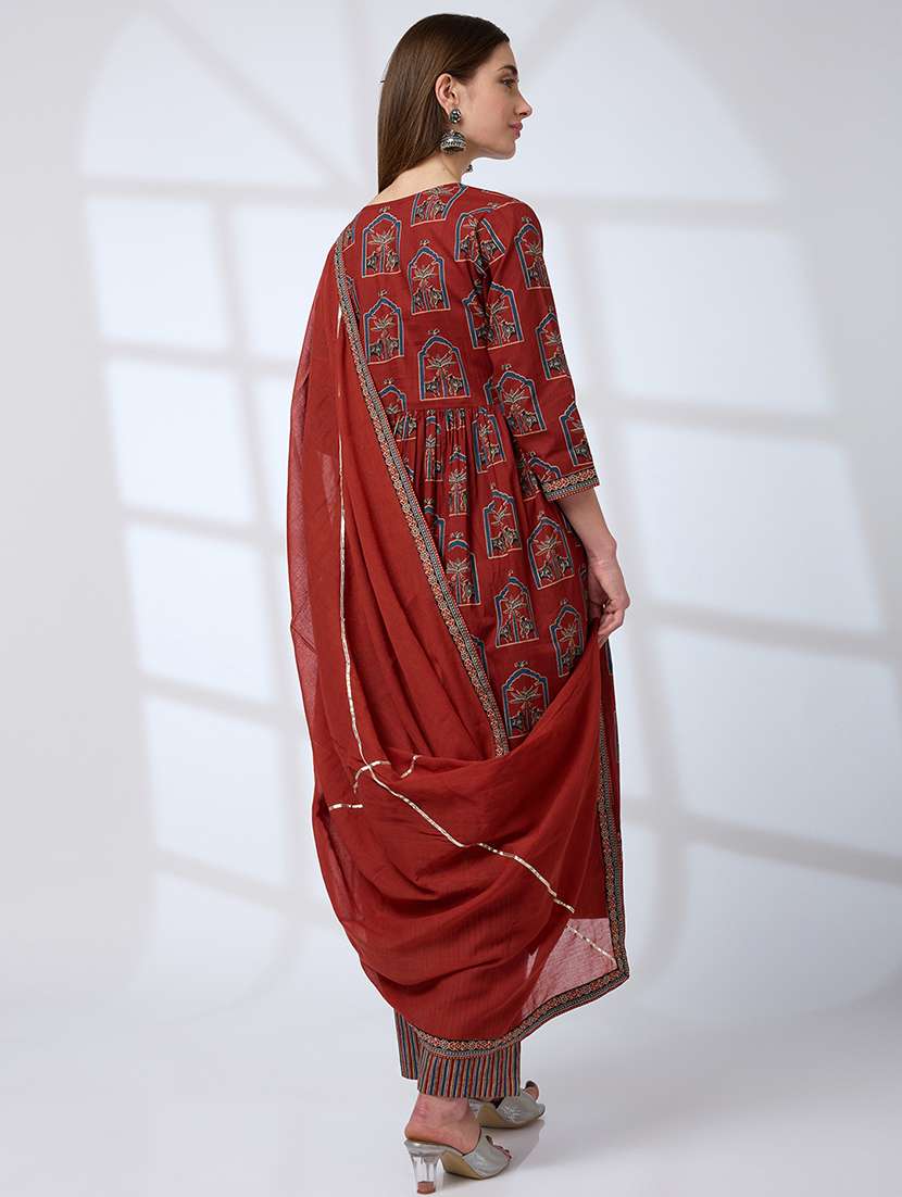 globus women maroon v-neck ethnic print mirror work pleated a-line kurta with striped pants & gotta lace dupatta workwear set - 21738570 - Standard Image - 2