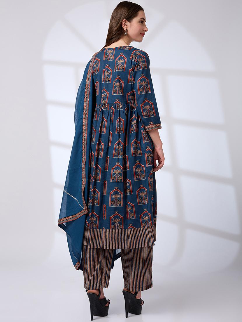 globus women blue v-neck ethnic print mirror work pleated a-line kurta with striped pants & gotta lace dupatta workwear set - 21738571 - Standard Image - 2