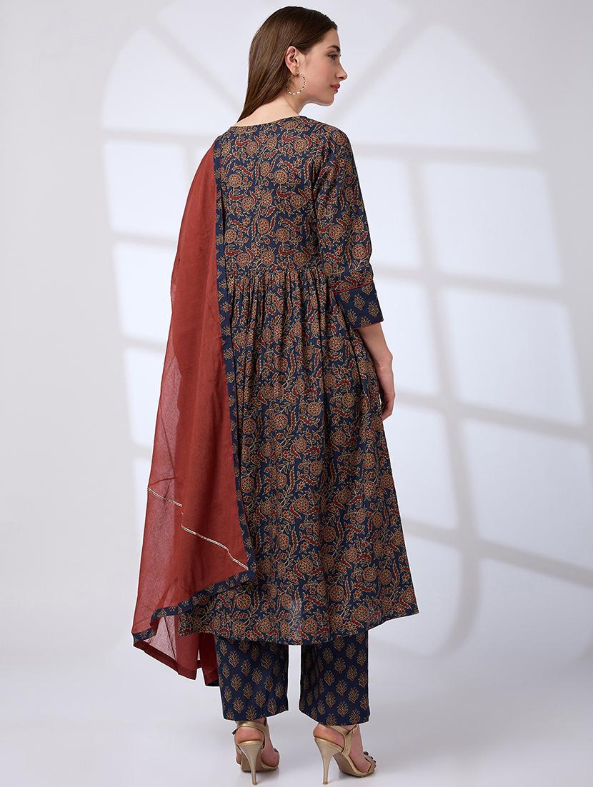globus women teal v-neck floral print sequinned pleated a-line kurta with pants & gotta lace dupatta workwear set - 21738572 - Standard Image - 2