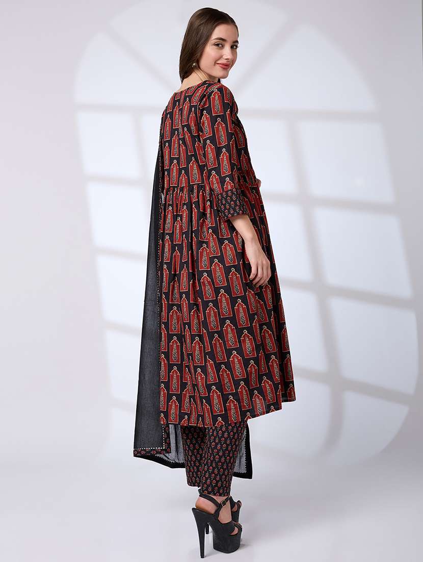 globus women black v-neck ethnic print sequinned pleated a-line kurta with pants & gotta lace dupatta workwear set - 21738573 -  Standard Image - 2