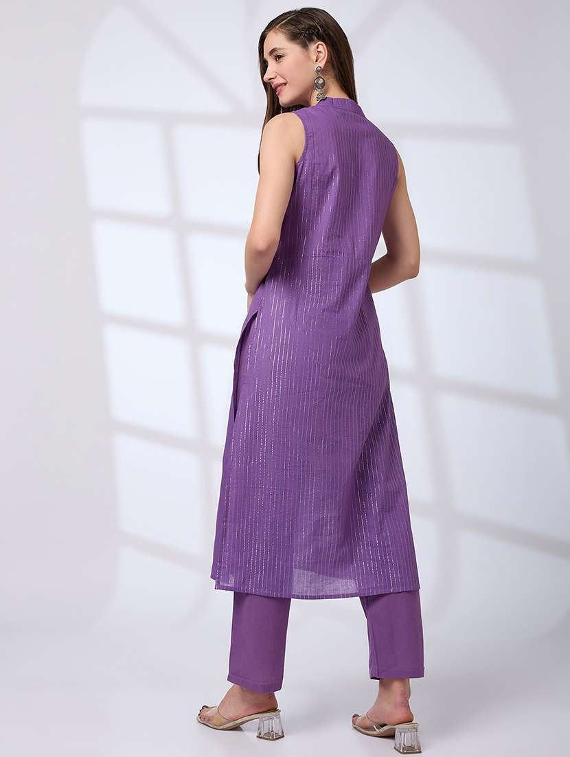 globus women lavender collared v-neck shimmer woven design gotta lace a-line kurta with pants festive set - 21738576 - Standard Image - 2
