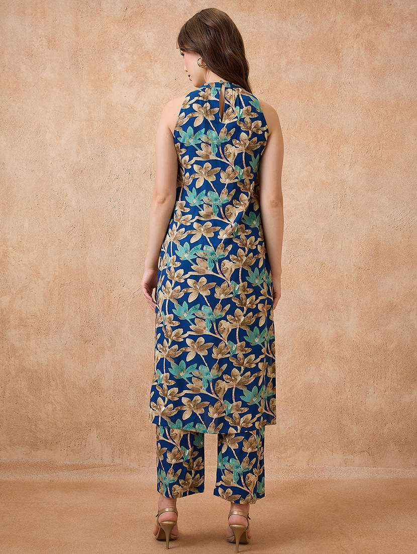 globus women blue allover floral printed halter neck straight kurta with pant fusion set - 21738581 -  Standard Image - 2