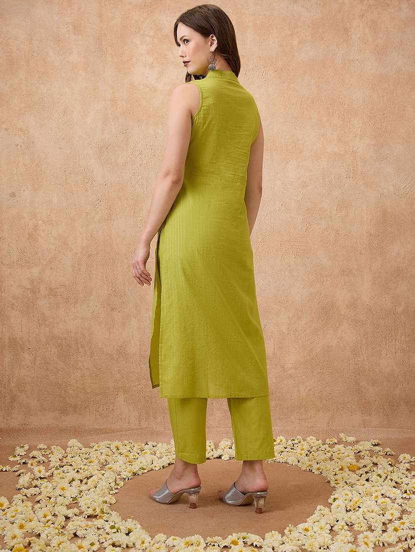 globus women green gotta patti yoke detail v-neck lurex work festive kurta & straight pant set - 21738584 - Standard Image - 2