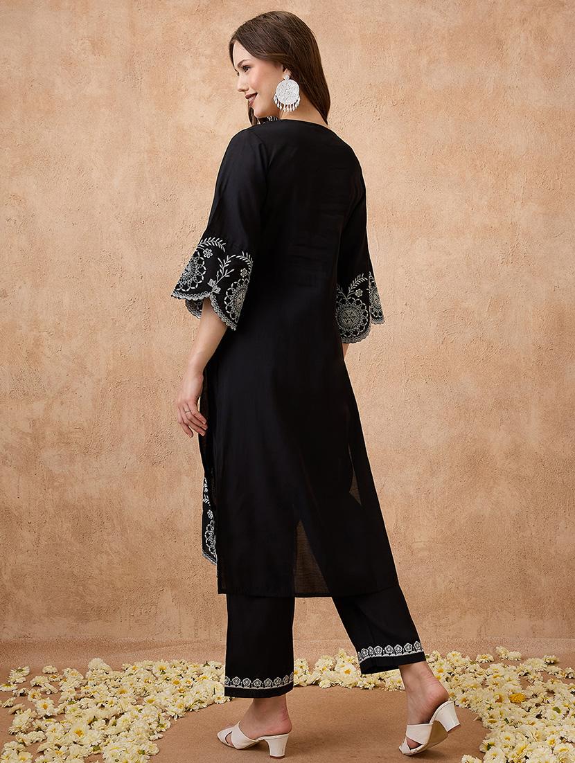 globus women black scalloped hem bell sleeves floral embroidered kurta & straight pant festive set - 21738588 - Standard Image - 2
