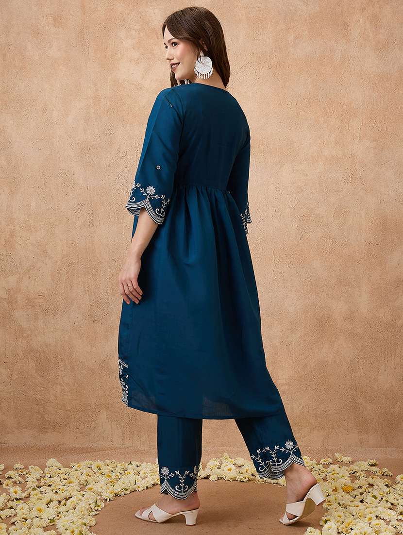globus women navy blue floral embroidered work v-neck scalloped hem a-line kurta with pant festive set - 21738589 -  Standard Image - 2