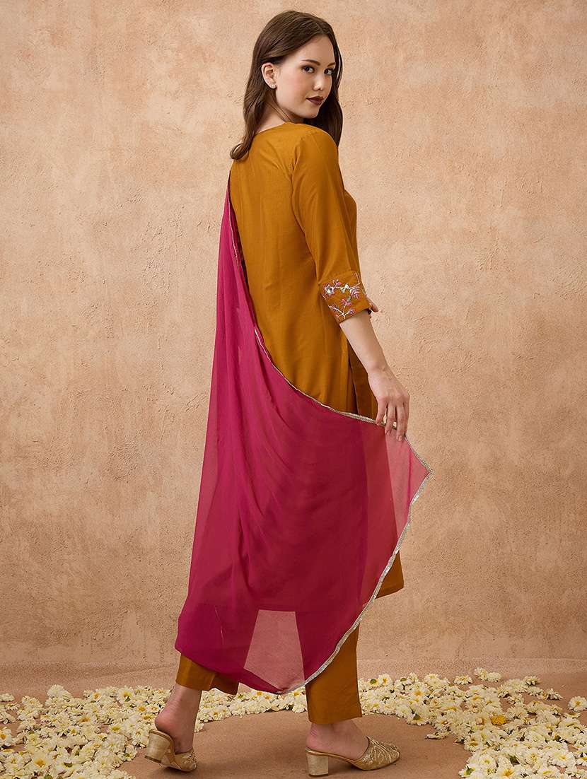 globus women mustard v-neck sequinned straight kurta with pant & contrast dupatta festive set - 21738591 -  Standard Image - 2