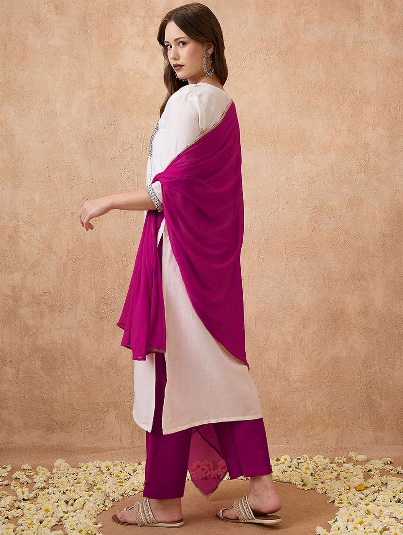 globus women off-white round neck embroidered yoke straight kurta with pant & dupatta ethnic set - 21738592 -  Standard Image - 2