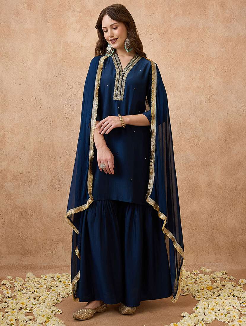 globus women navy blue sequin lace detail v-neck straight kurta with sharara & dupatta festive set