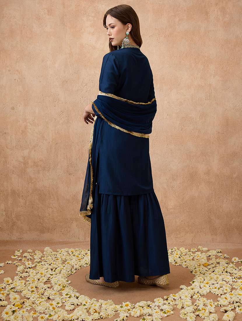 globus women navy blue sequin lace detail v-neck straight kurta with sharara & dupatta festive set - 21738593 - Standard Image - 2