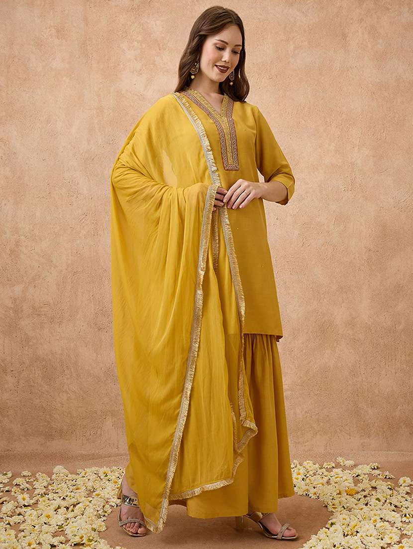 globus women yellow sequin lace detail v-neck straight kurta with sharara & dupatta festive set