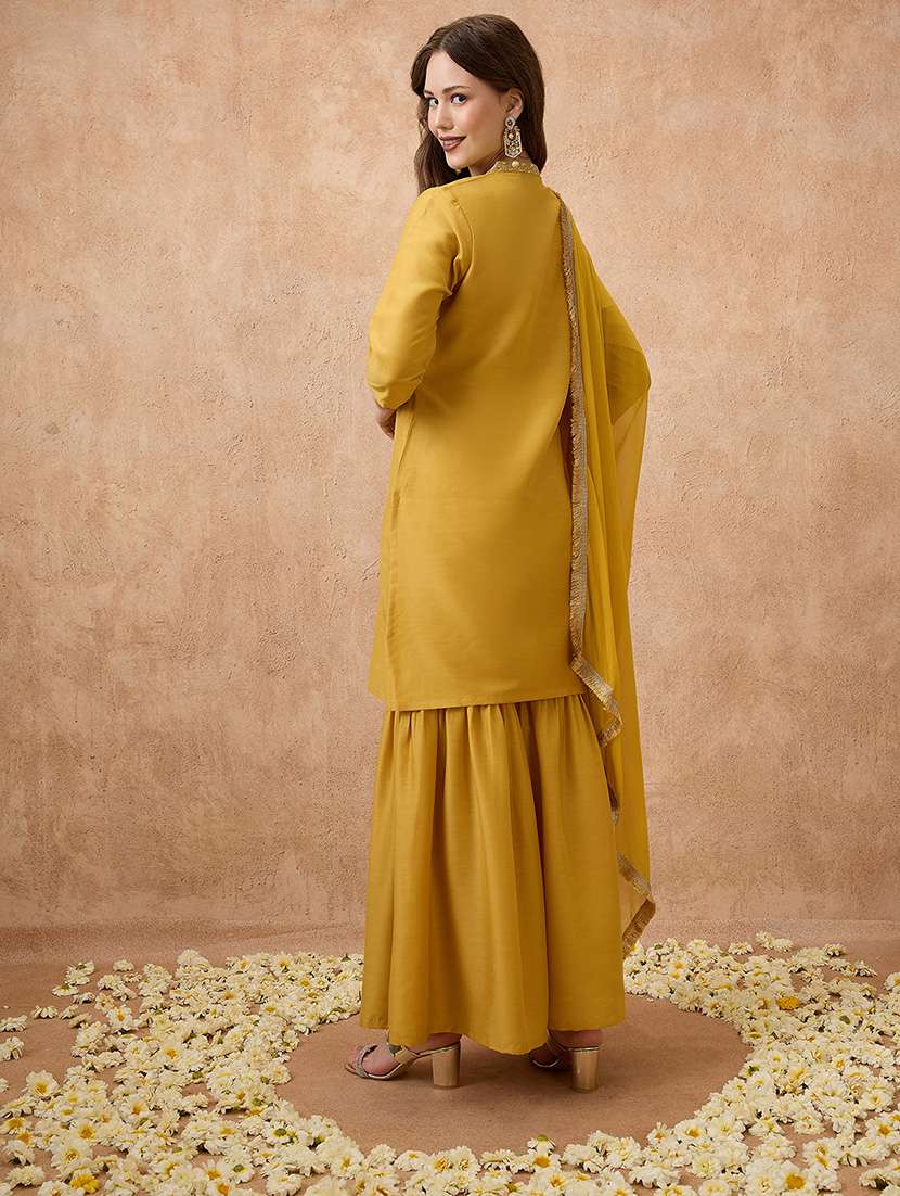 globus women yellow sequin lace detail v-neck straight kurta with sharara & dupatta festive set - 21738594 - Standard Image - 2