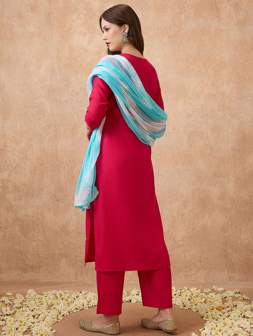 globus women pink round neck floral embroidered straight kurta with pant & tie-die dupatta workwear set - 21738595 -  Standard Image - 2