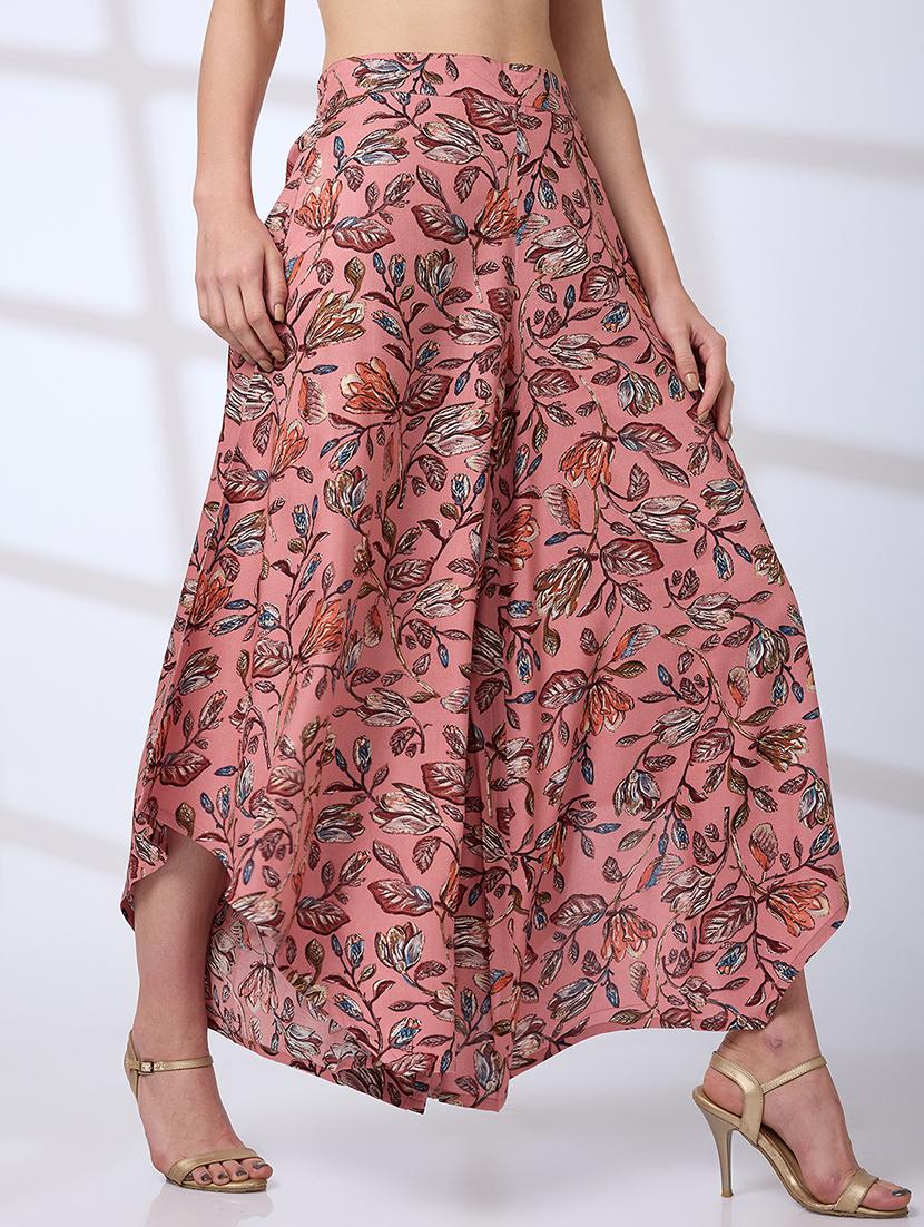 globus women pink allover floral print asymmetric flared hem fusion palazzos - 21738596 - Zoom Image - 0