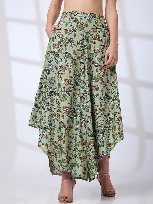 globus women green allover floral print asymmetric flared hem fusion palazzos - 21738597 -  Standard Image - 0