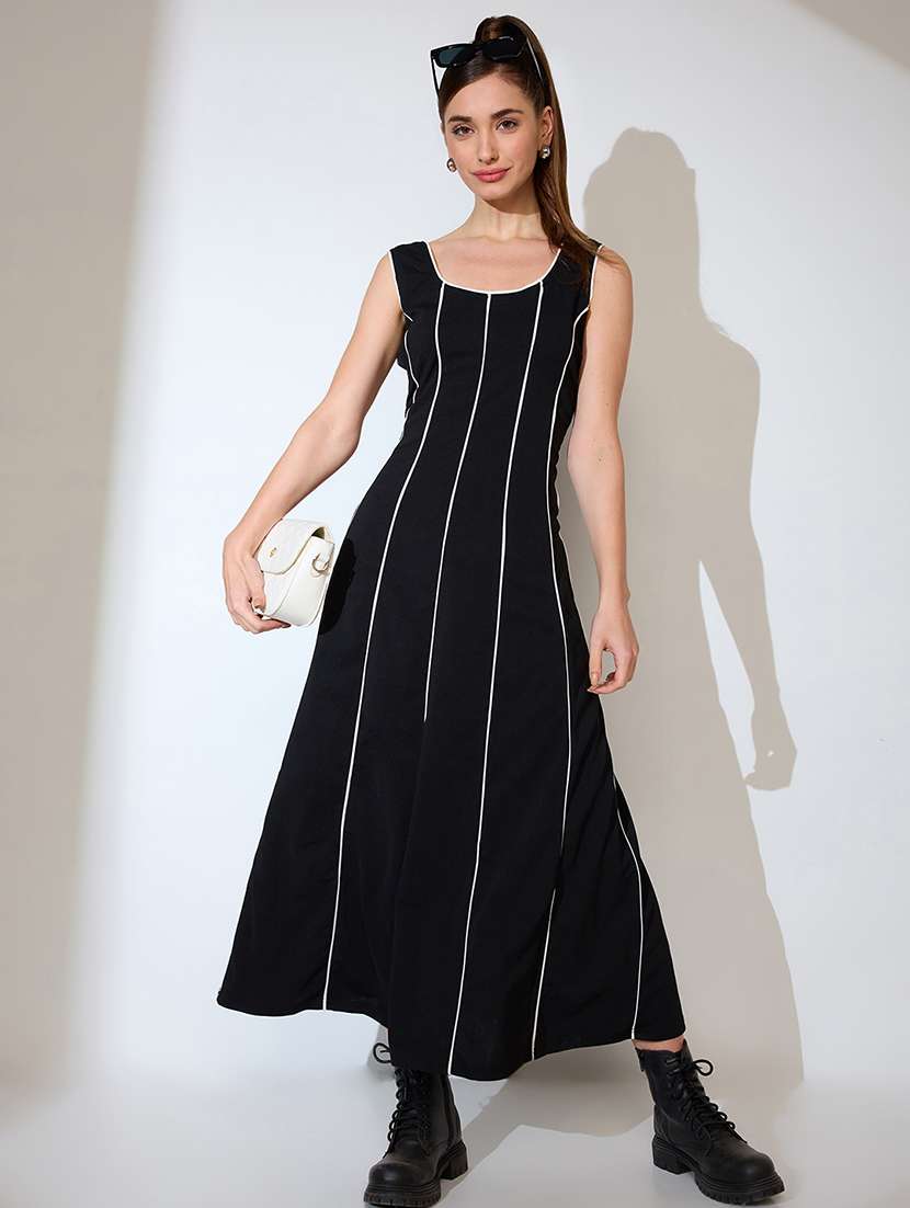 globus women black scoop neck stripes design flared hem a-line maxi dress