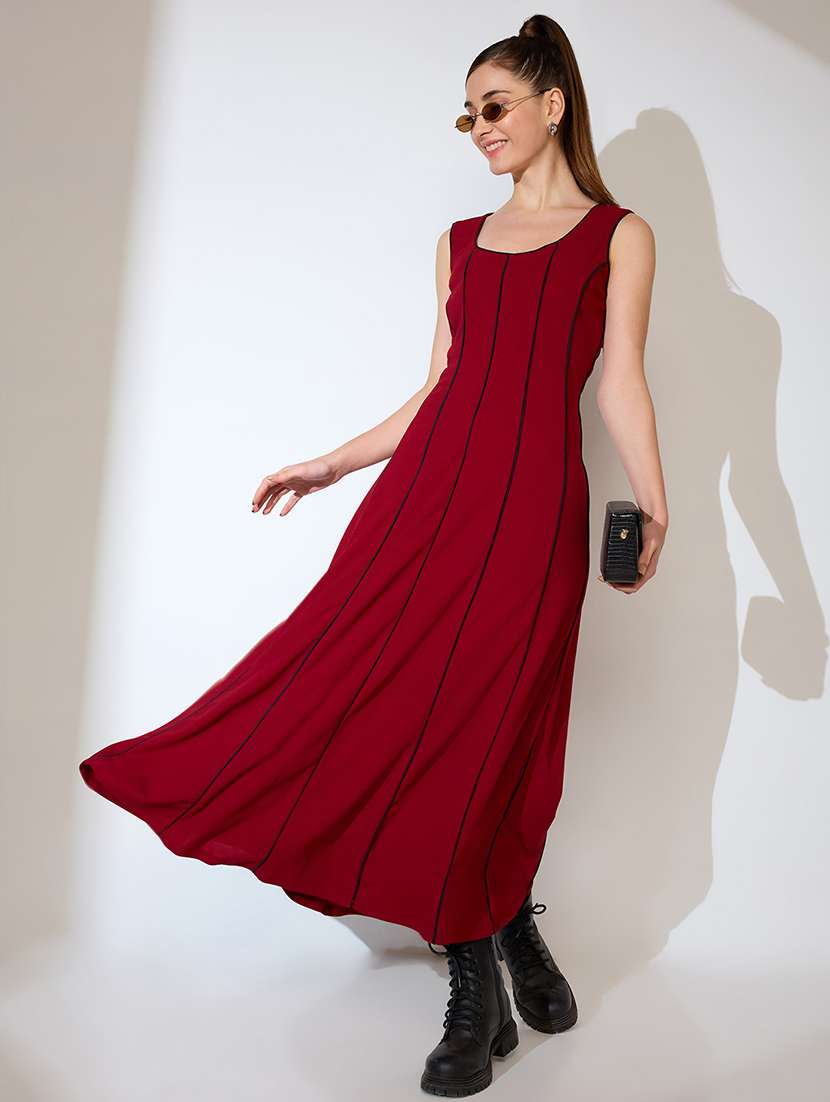 globus women maroon scoop neck stripes design flared hem a-line maxi dress