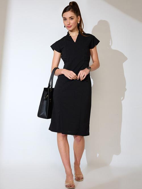 globus women black v-neck cap sleeves sheath midi workwear dress - 21738602 - Standard Image - 0