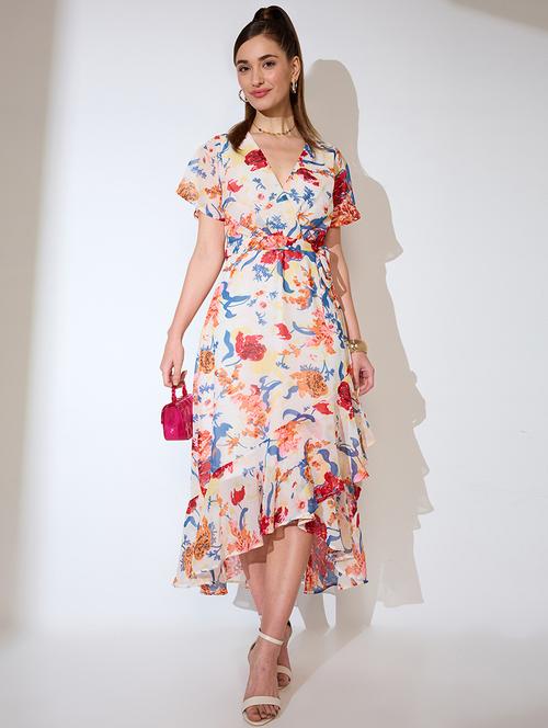globus women white floral print wrap neck flared sleeves waist tie-up ruffled tulip hem a-line midi dress - 21738603 -  Standard Image - 0