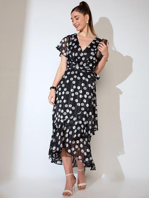 globus women black polka dot print wrap neck flared sleeves waist tie-up ruffled tulip hem a-line midi dress - 21738604 -  Standard Image - 0