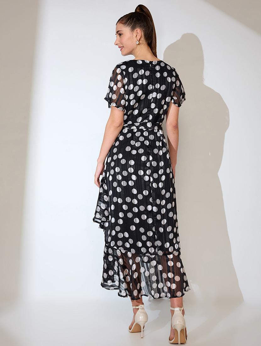 globus women black polka dot print wrap neck flared sleeves waist tie-up ruffled tulip hem a-line midi dress - 21738604 - Standard Image - 2