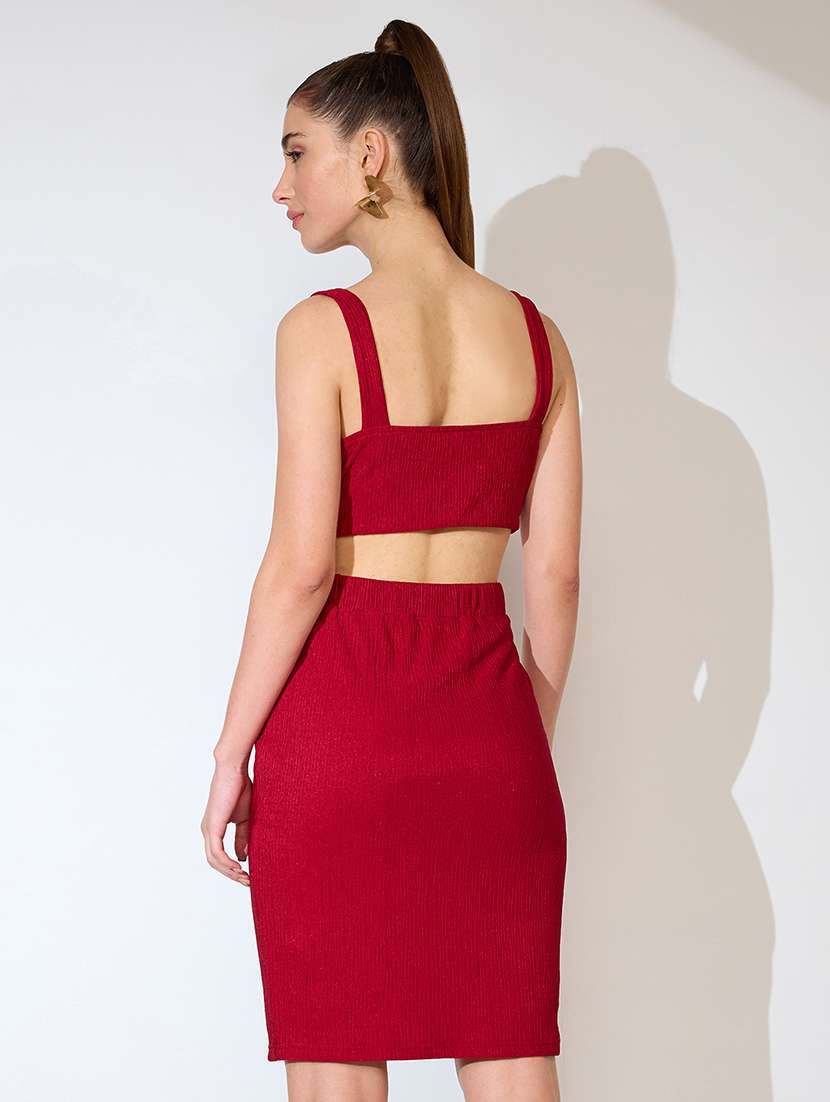 globus women maroon textured fabric sweetheart neck strappy sleeves cut-out detail mini bodycon party dress - 21738607 -  Standard Image - 2