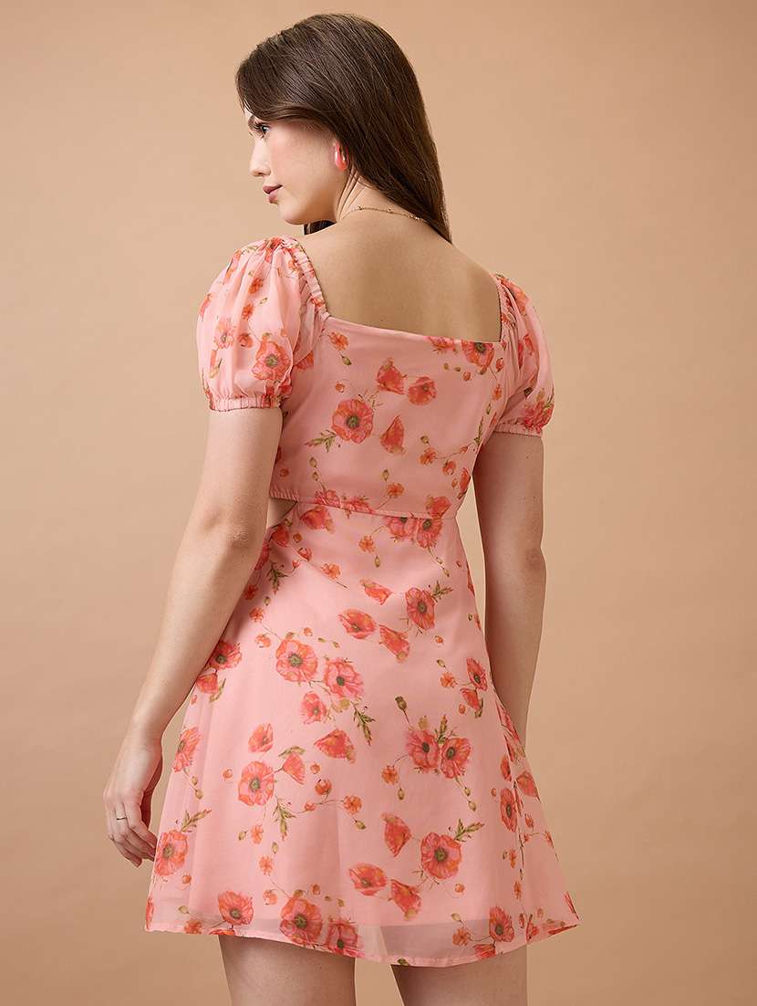 globus women pink floral printed square neck puff sleeves waist cut-out mini fit & flare dress - 21738610 -  Standard Image - 2