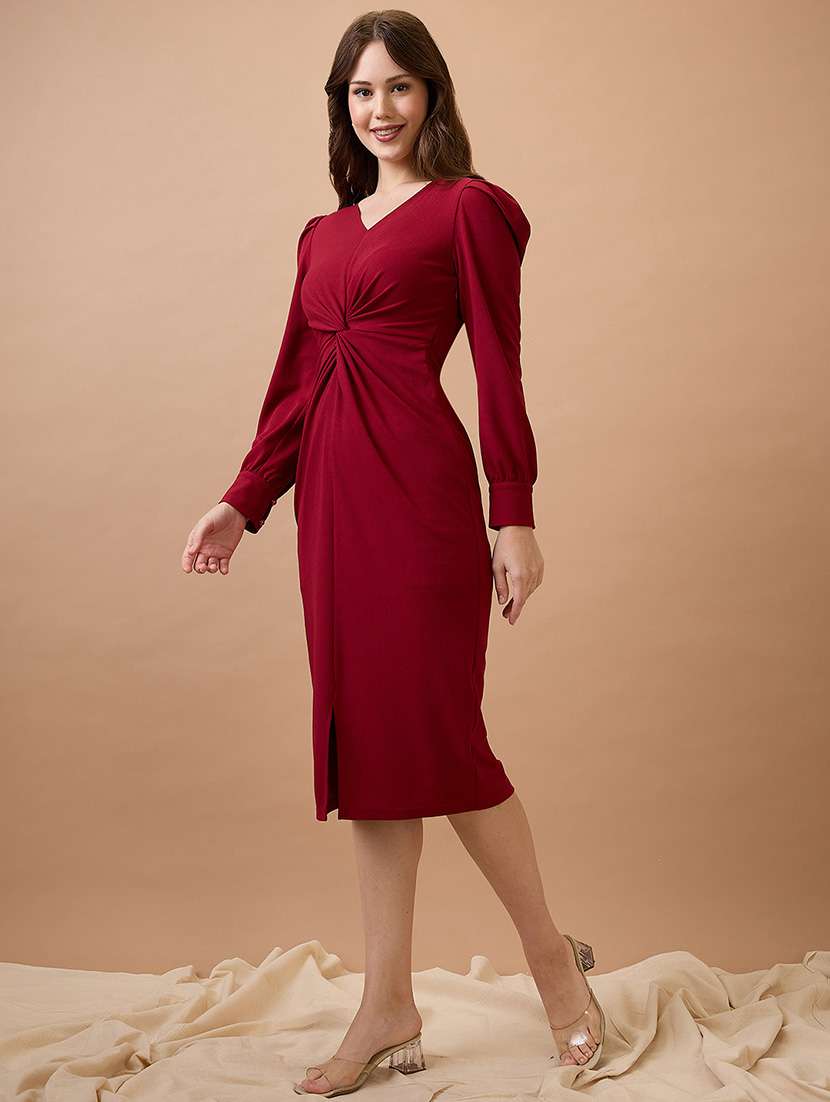 globus women maroon v-neck cuffed sleeves twisted detail midi bodycon party dress