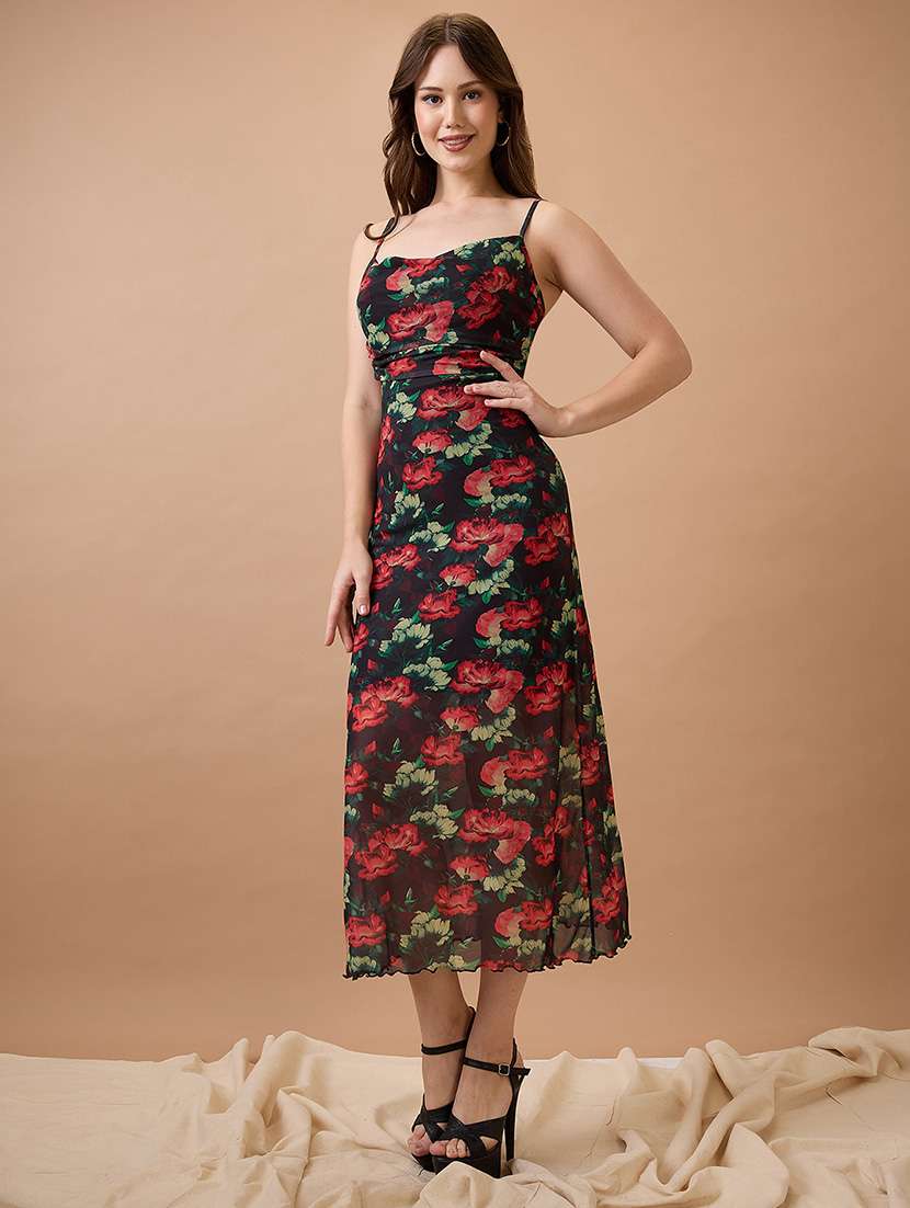 globus women black floral print strappy sleeves cowl neck back tie-up midi bodycon party dress