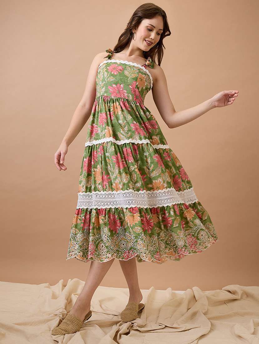 globus women green floral print tie-up sleeves lace insert schiffli embroidered hem tiered midi fit & flare fusion dress - 21738616 - Zoom Image - 0